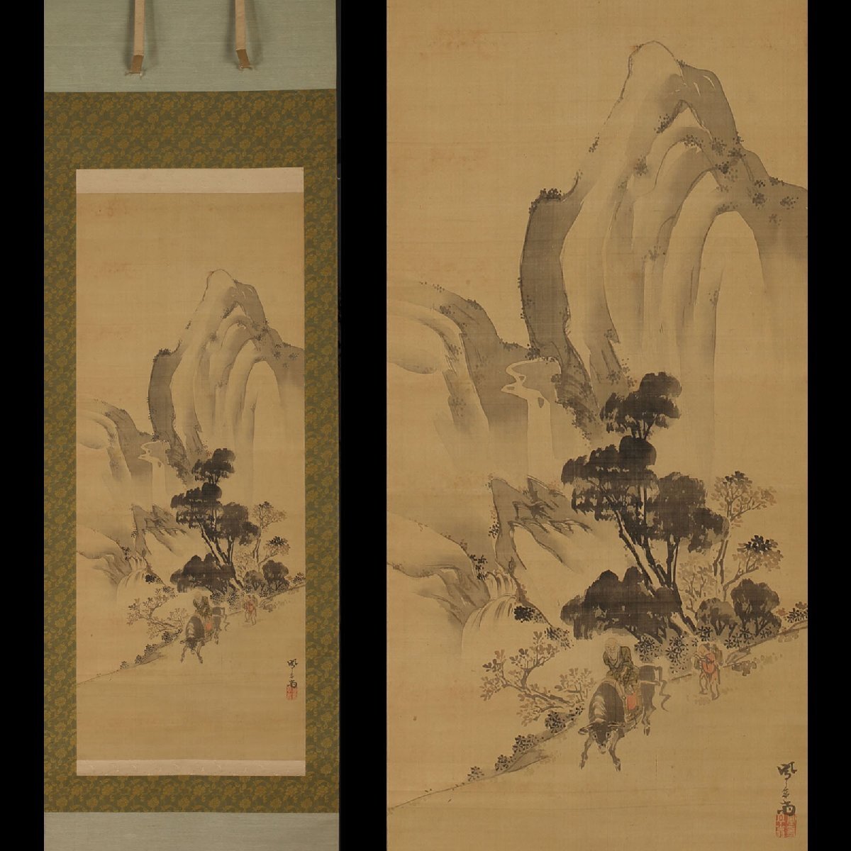 深和】神原鳳章斎 渓山遊牧(老子騎牛図)竪物 向井桑人極 絹本 深和】神原鳳章斎 渓山遊牧(老子騎牛図)竪物 向井桑人極 絹本