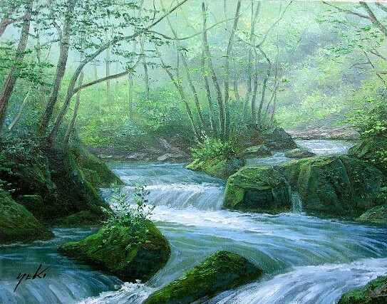 油彩画 洋画 (油絵額縁付きで納品対応可) SM 「奥入瀬渓流」 関 健造