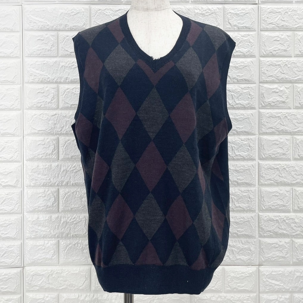 【A3258】NEWYORKER ニューヨーカー ニットベスト メンズ ネイビー系 Vネックデザイン アーガイル柄 秋冬 LLサイズ_画像2