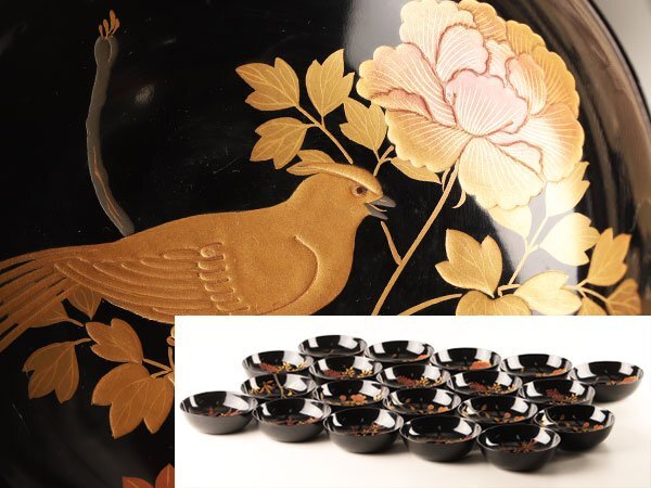 流】木製漆器 本金図替花鳥蒔絵 木皿二十客 箱付 DJ331(漆芸 流】木製漆器 本金図替花鳥蒔絵 木皿二十客 箱付 DJ331(漆芸