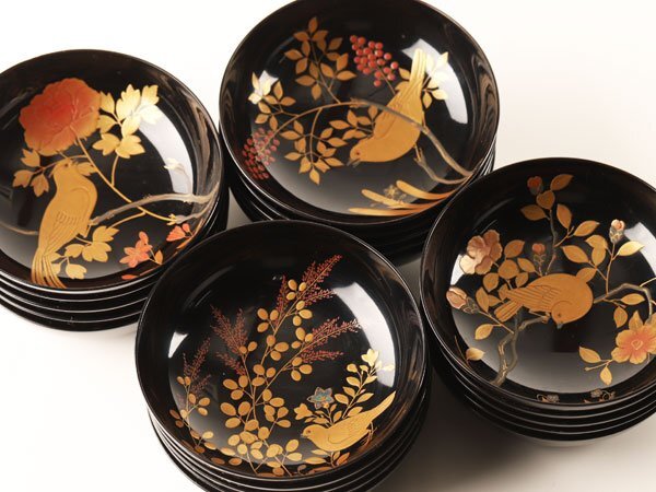 流】木製漆器 本金図替花鳥蒔絵 木皿二十客 箱付 DJ331(漆芸 流】木製漆器 本金図替花鳥蒔絵 木皿二十客 箱付 DJ331(漆芸