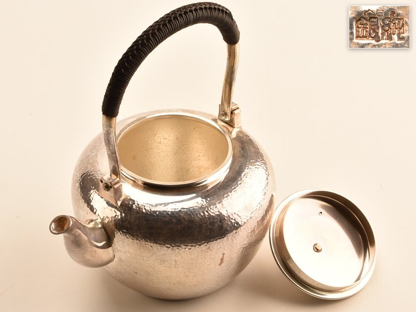 *様 銀製煎茶道具☆コーヒー紅茶にも★時代モノ 流】煎茶道具 純銀製 三越謹製 鎚目打 湯沸 銀瓶 重量397g