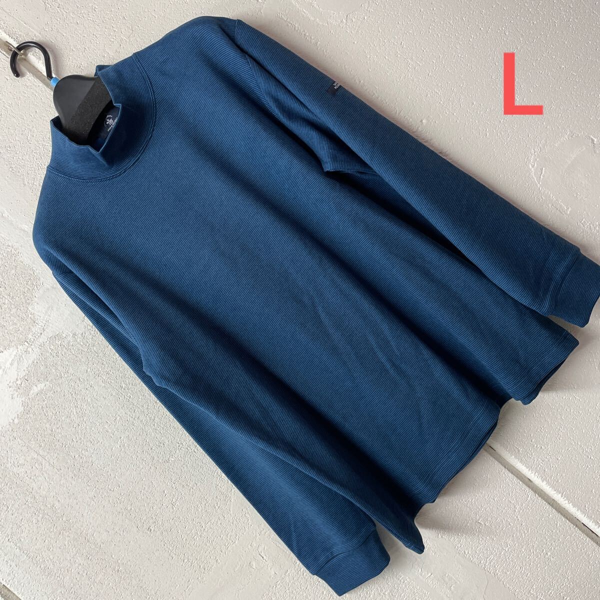 Lサイズメンズもちもちストレッチ暖か長袖カットソー ボーダー青_画像1