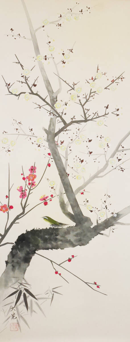 真作】☆【梅に鶯 紅白梅にウグイス】日本画家 南谷大晃◇絹本 真作】☆【梅に鶯 紅白梅にウグイス】日本画家 南谷大晃◇絹本