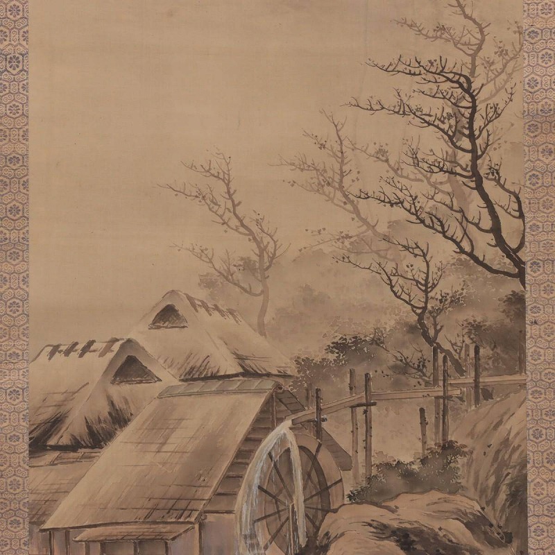 真作】司馬江漢 掛軸 絹本 肉筆 彩色「山水図」落款 印有 合箱 江戸