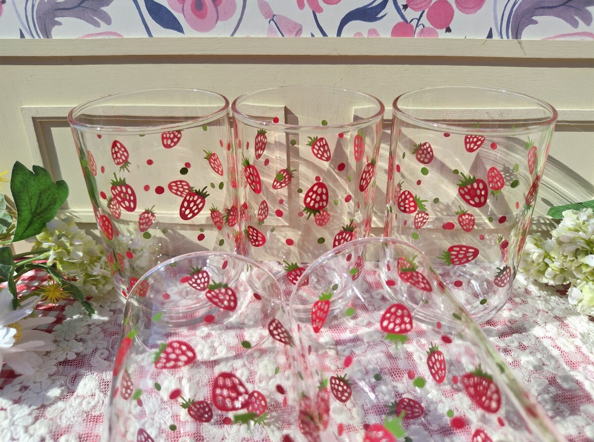 未使用☆東洋佐々木ガラス レトロ ポップ いちご柄 グラス＆マドラー セット 石冢硝子 アデリア ファンシー ガラス コップ