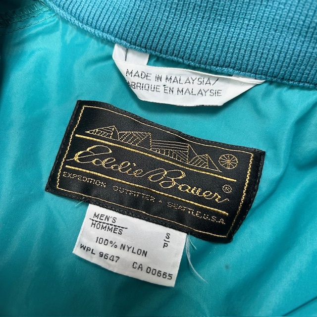 USA古着 70s～80s Eddie Bauer 薄手 ナイロンプルオーバーシャツ S M～L 青緑 ヴィンテージ エディーバウアー アノラック 黒タグ ●290