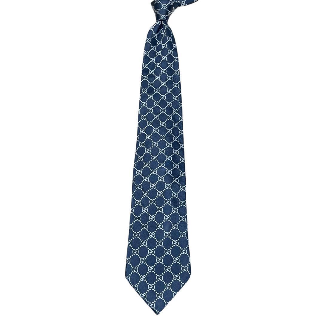 【美品】GUCCI グッチ ネクタイ GG柄 シルク ネイビー 紺 シルバー ビジネス ドレス スーツ ジャケット