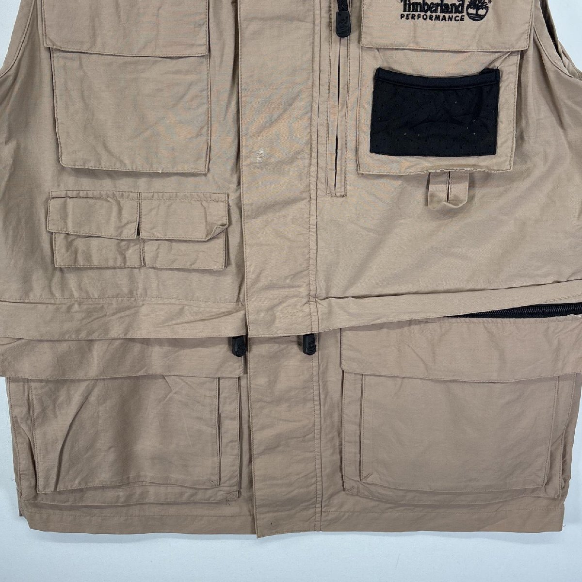 古着 ティンバーランド Timberland ベスト フィッシングベスト フラップポケ ワンポイント ロゴ 刺繍 M ベージュ 無地 メンズ_画像3