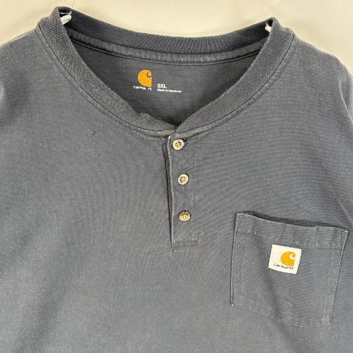古著 カーハート Carhartt 半袖Tシャツ 肉厚 ヘンリーネック ワンポイント ロゴ 3XL グレー系 無地 メンズ