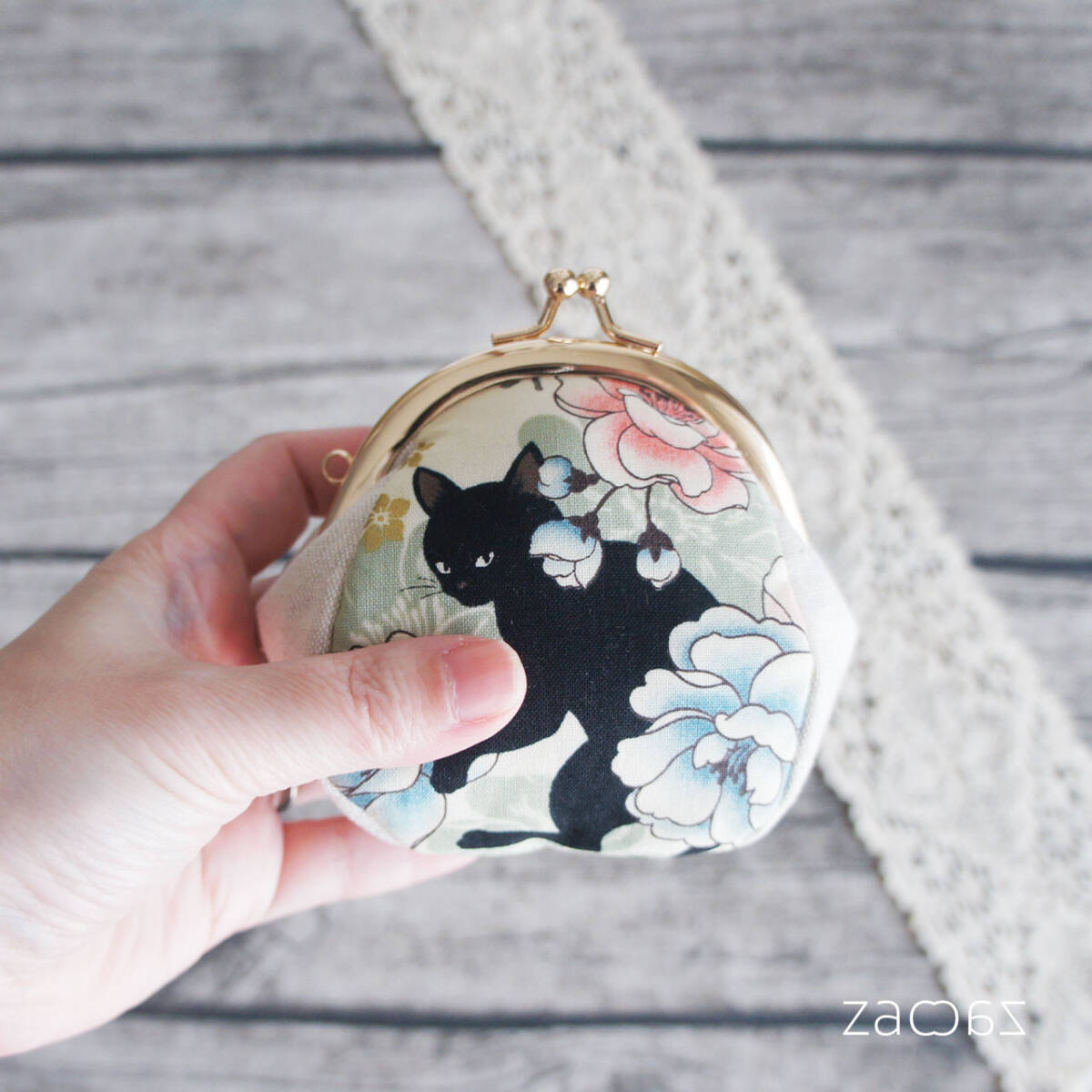 がま口コインケース*黒猫と牡丹*ハンドメイド