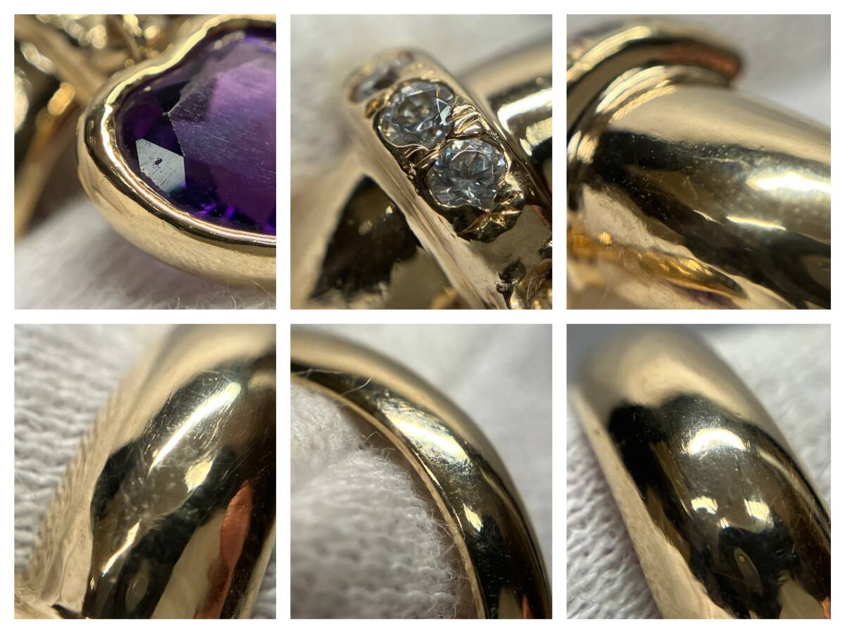 スタージュエリー STAR JEWELRY K14 リング 8號 3.8g H1.9×W0.8cm ハートモチーフ 石付 パープル