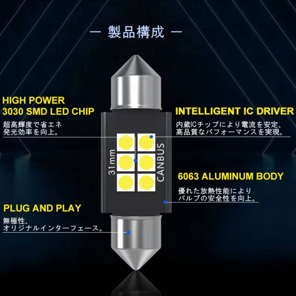 LEDルームランプ T10×31mm 6個 高輝度SMDチップ3030/6灯 キャンセラー内蔵 6500K白色光 ヒートシンク付バルブ ライト 12V【ゆうパケ】