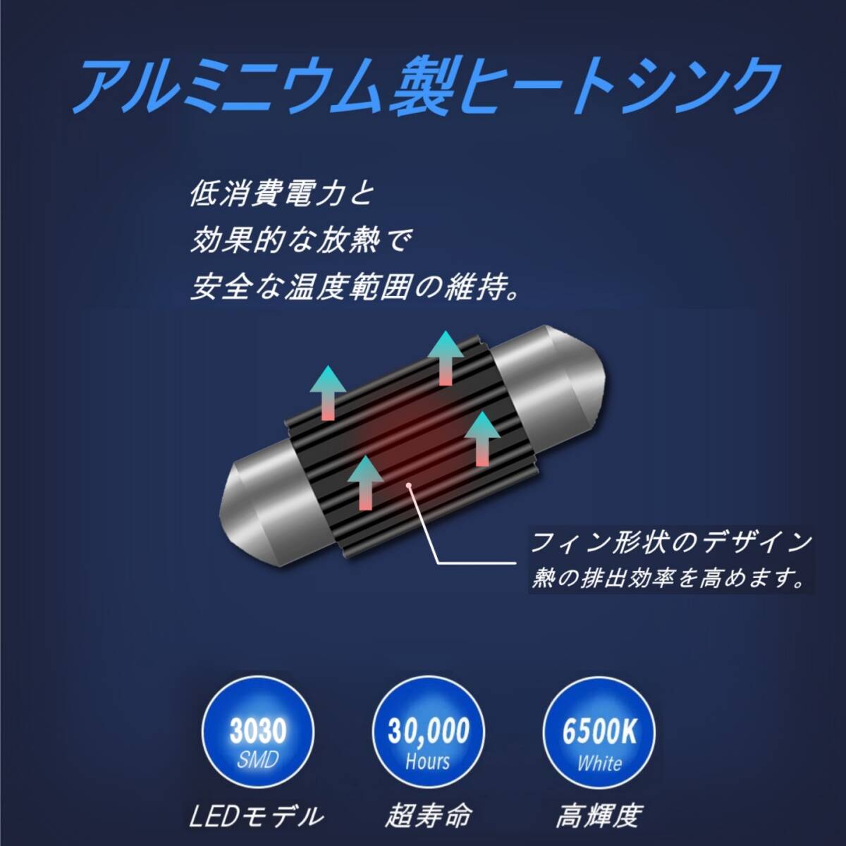 LEDルームランプ T10×31mm 6個 高輝度SMDチップ3030/6灯 キャンセラー内蔵 6500K白色光 ヒートシンク付バルブ ライト 12V【ゆうパケ】