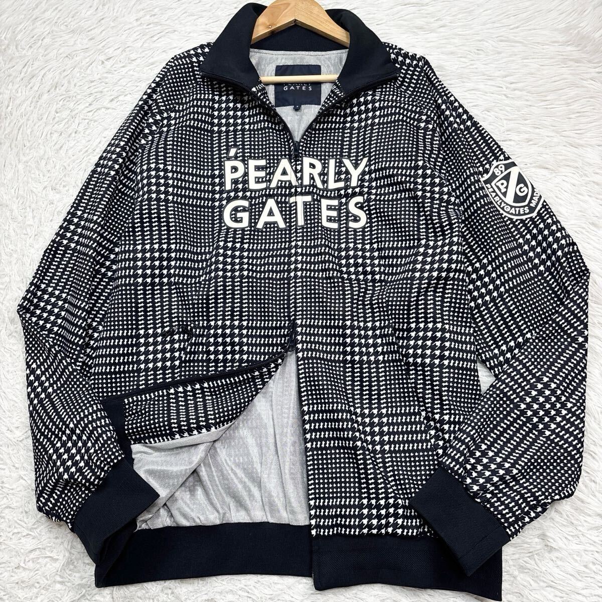 【美品Lサイズ!!!】PEARLY GATES パーリーゲイツ 蓄熱 ジップアップ ジャケット 千鳥柄 総柄 ロゴプリント 黒 ゴルフ メンズ サイズ5