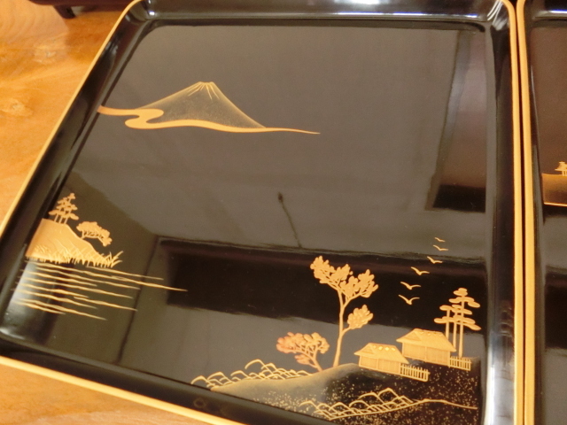 ◇◇アンティーク 輪島塗 お膳 五客揃 角膳 金蒔絵 図替わり 島 ◇◇アンティーク 輪島塗 お膳 五客揃 角膳 金蒔絵 図替わり 島