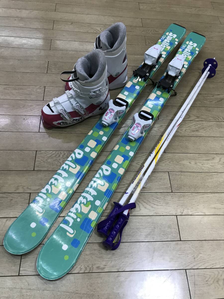 ☆★☆2025スタートセール！ジュニアスキー4点セット　スキーSWALLOW120cm 靴ROSSIGNOL 22.5cm /ポール90cm/程度良好品！