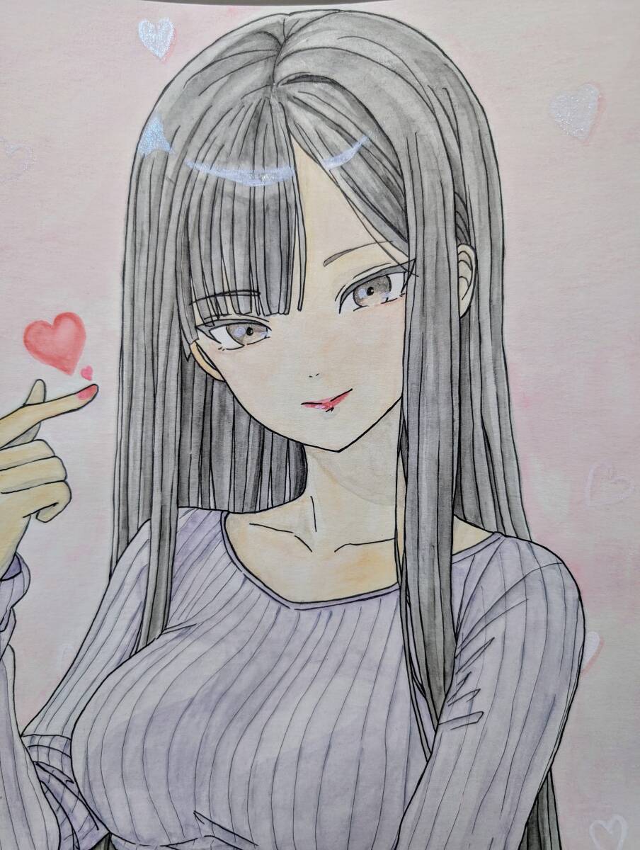 女の子 黒髪 指ハート ニット 手描き アナログ 水彩 A4 イラスト 女の子 黒髪 指ハート ニット 手描き アナログ 水彩 A4 イラスト