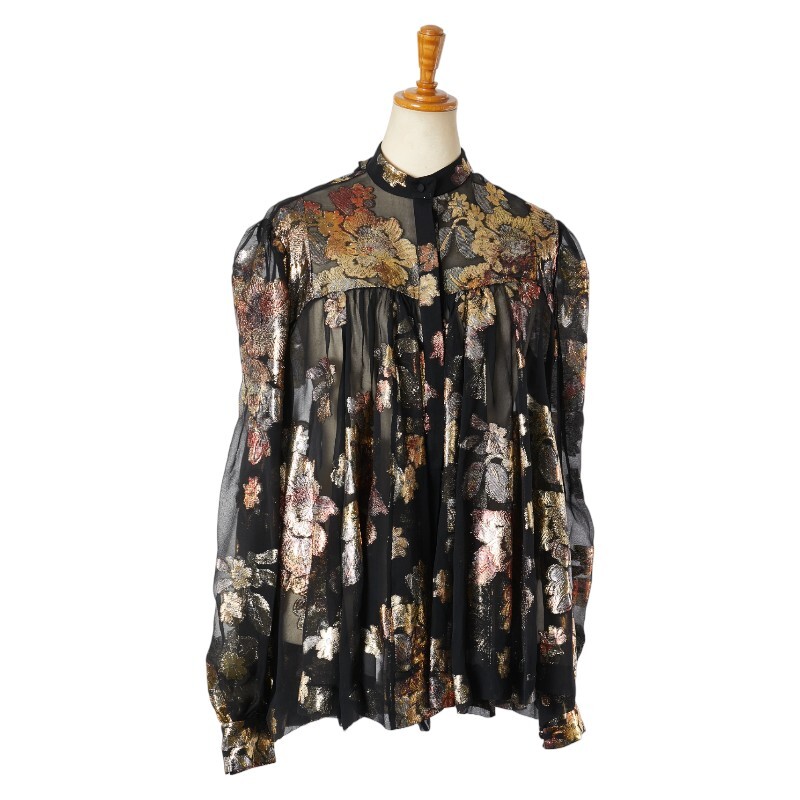 サンローラン 20SS フローラル リボン シースルー 長袖シャツ サイズ:F34 ブラック ゴールド シルク SAINT LAURENT 【中古】