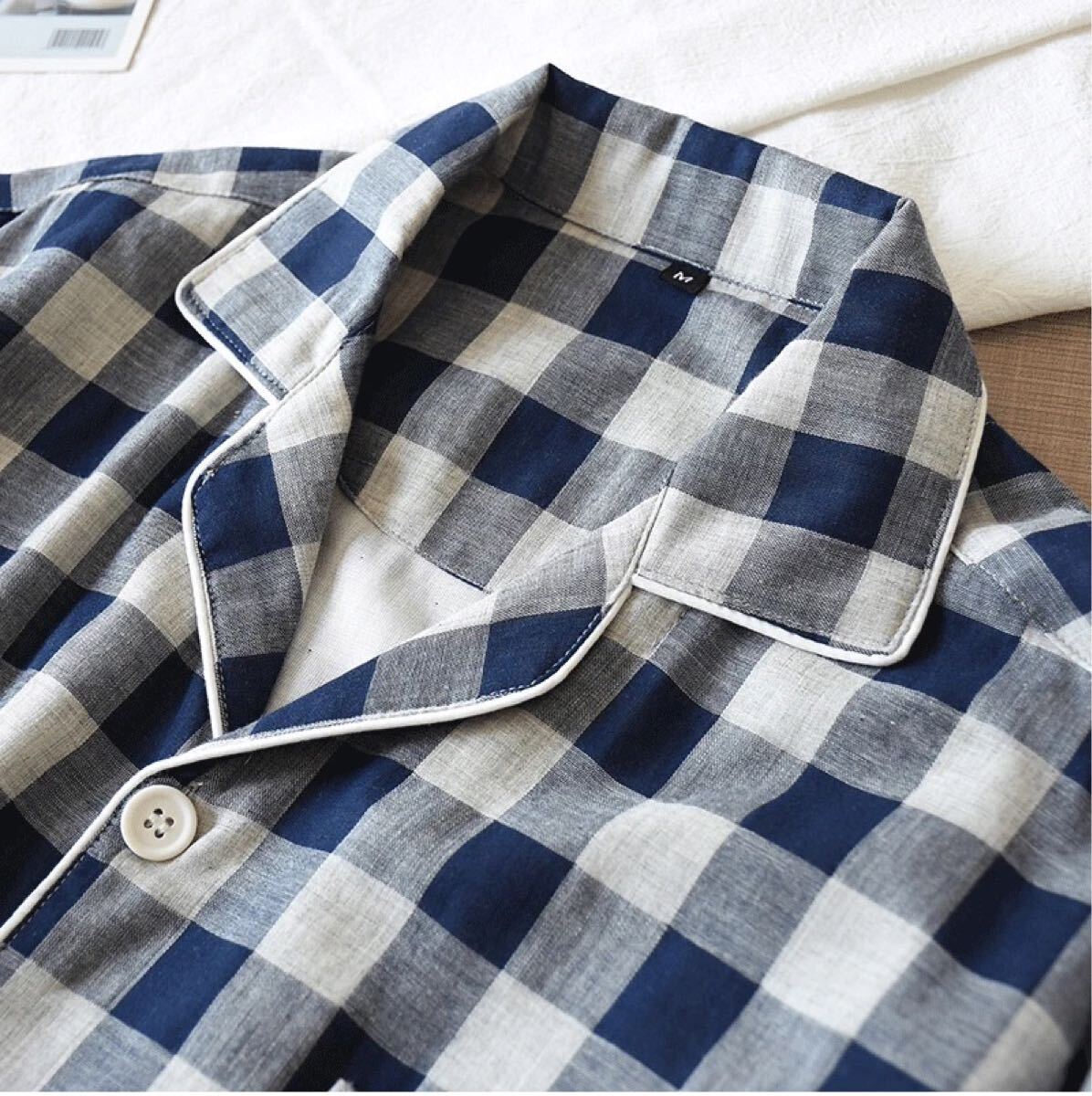 пижама мужской хлопок двойной 2 -слойный марля верх и низ в комплекте в клетку темно-синий салон одежда высококачественный сон хлопок уход входить . часть магазин надеты