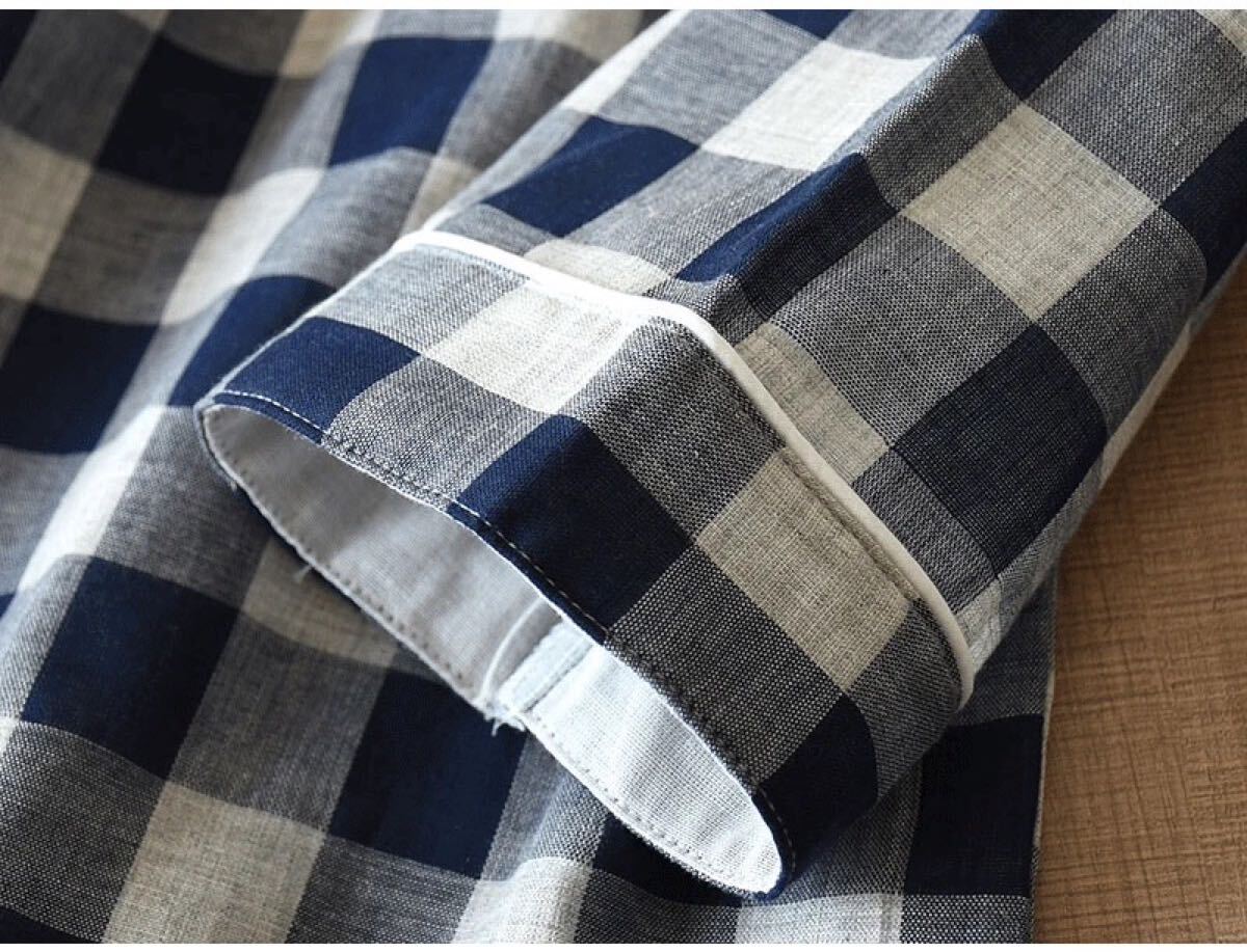 пижама мужской хлопок двойной 2 -слойный марля верх и низ в комплекте в клетку темно-синий салон одежда высококачественный сон хлопок уход входить . часть магазин надеты