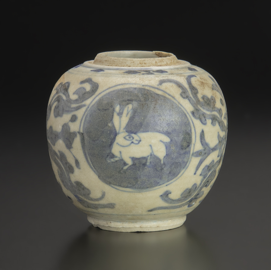 明 青花兎紋小罐 古染付 茶入 茶道具 中国 古美術_画像1