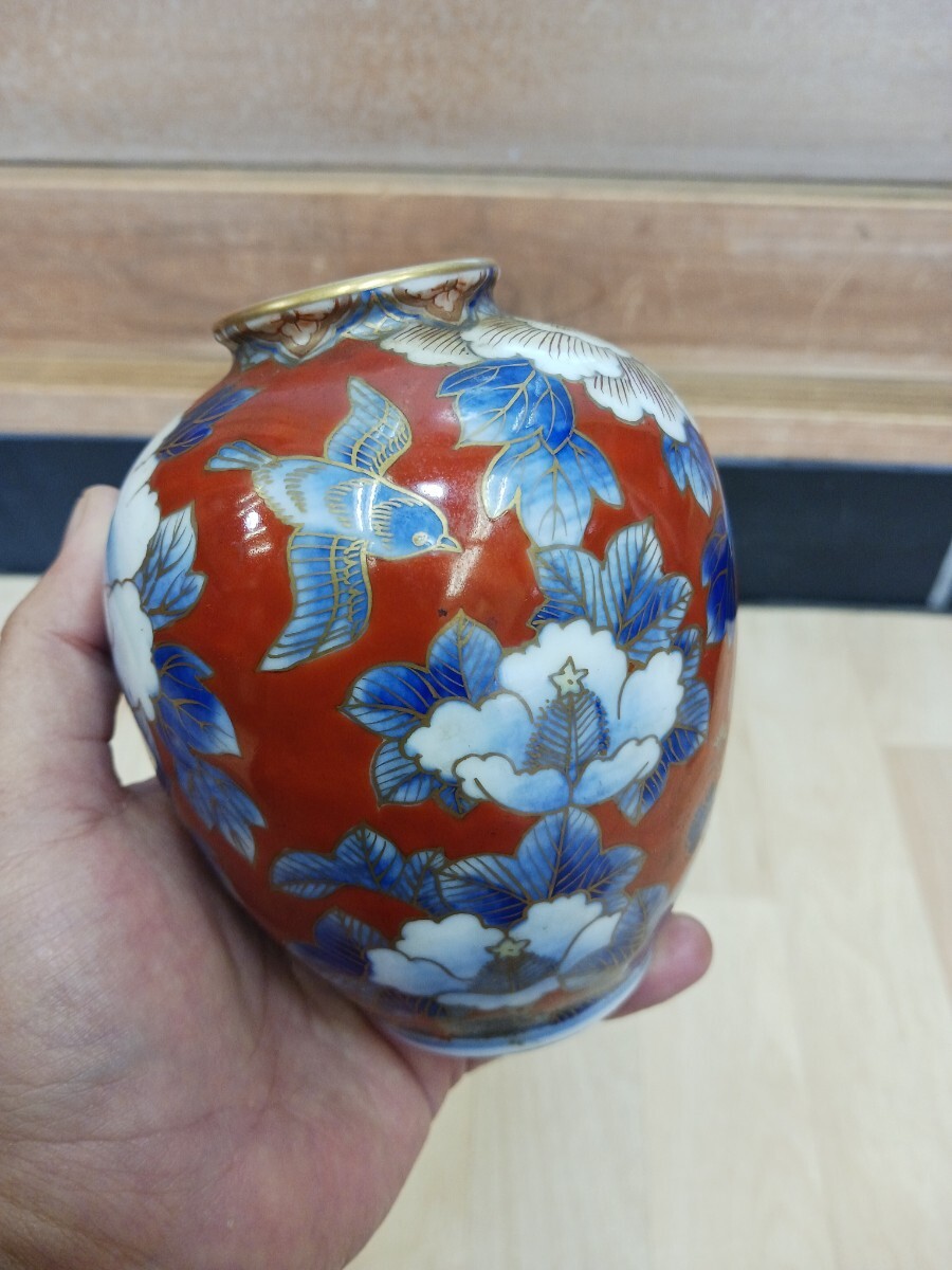 時代物 オールド深川 深川製磁 花鳥図 染付 色絵 金彩 小壺 花瓶 時代物 オールド深川 深川製磁 花鳥図 染付 色絵 金彩 小壺 花瓶