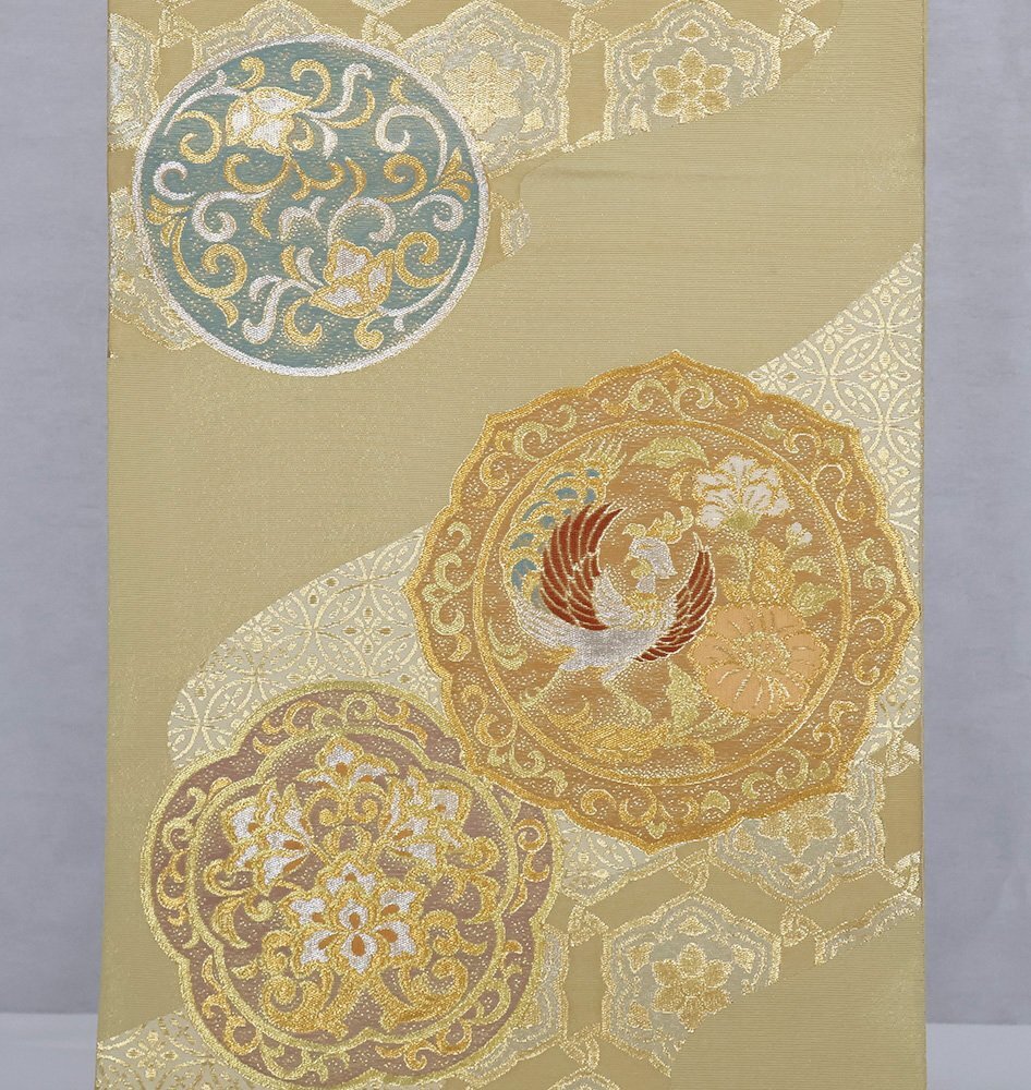 川島織物謹製 礼装用 西陣織袋帯 正絹 辛子色 金 鳳凰 華文 鏡文 Lサイズ F7722 送料込み_画像6