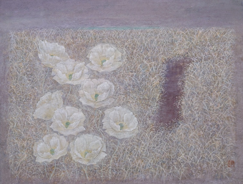 真作保証 山下博敬「月の花」日本画 10号 共シール 日展会員 真作保証 山下博敬「月の花」日本画 10号 共シール 日展会員