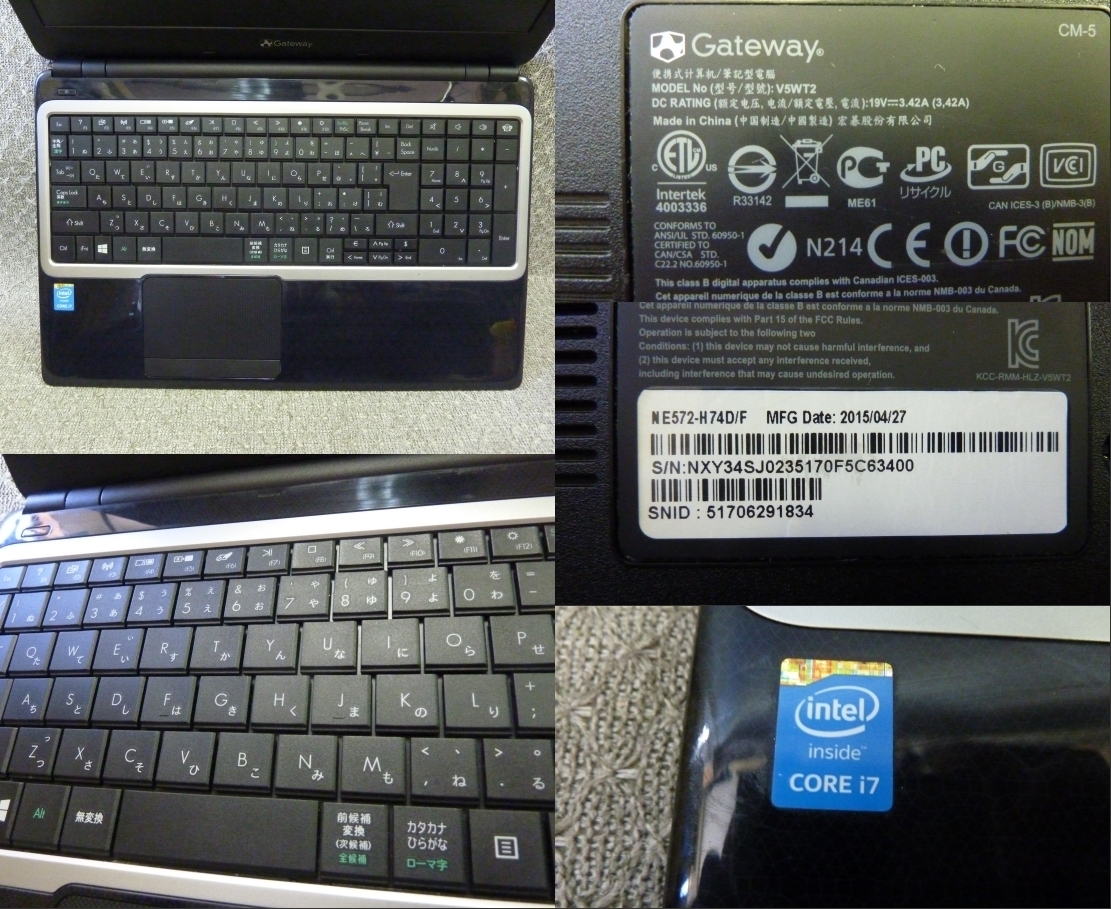 Windows 7,10,11 OS選択可 15.6” Gateway NE572-H74D/F ★ Core i7-4510U/メモリ4GB/500GB/Sマルチ/無線/Webカメラ/リカバリ作成/2096