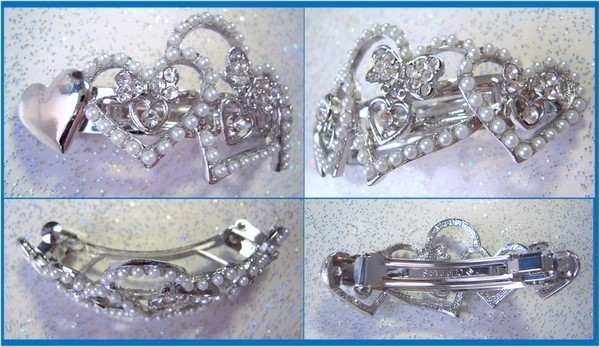 H5983/ハートバレッタ　銀色　白いパールと透明クリアラインストーン　綺麗で丈夫_画像2