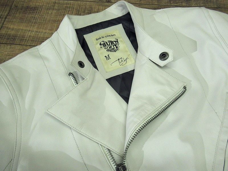 送料無料 希少 美品 BURNOUT バーンアウト 本革 裏キルティング 中綿 スタンドカラー ダブル ホワイト レザー ライダース ジャケット 白 M_画像6