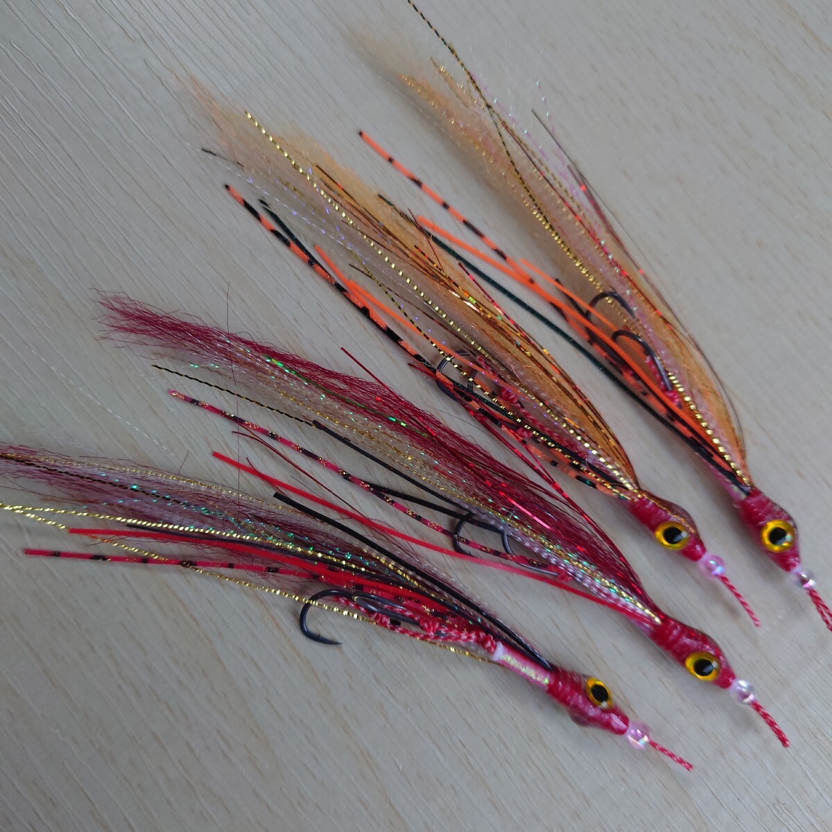 □□タイラバネクタイ冬春真鯛（イワシパターン）ロックフイッシュリグ紅牙SaqSasフック装着オレンジ・レッド系4匹セット即日発送！□□_画像4