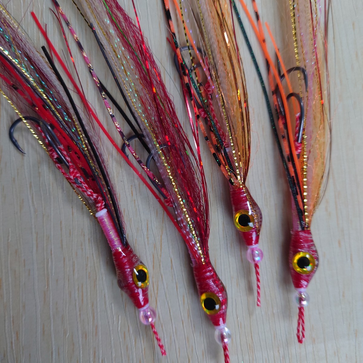 □□タイラバネクタイ冬春真鯛（イワシパターン）ロックフイッシュリグ紅牙SaqSasフック装着オレンジ・レッド系4匹セット即日発送！□□_画像5