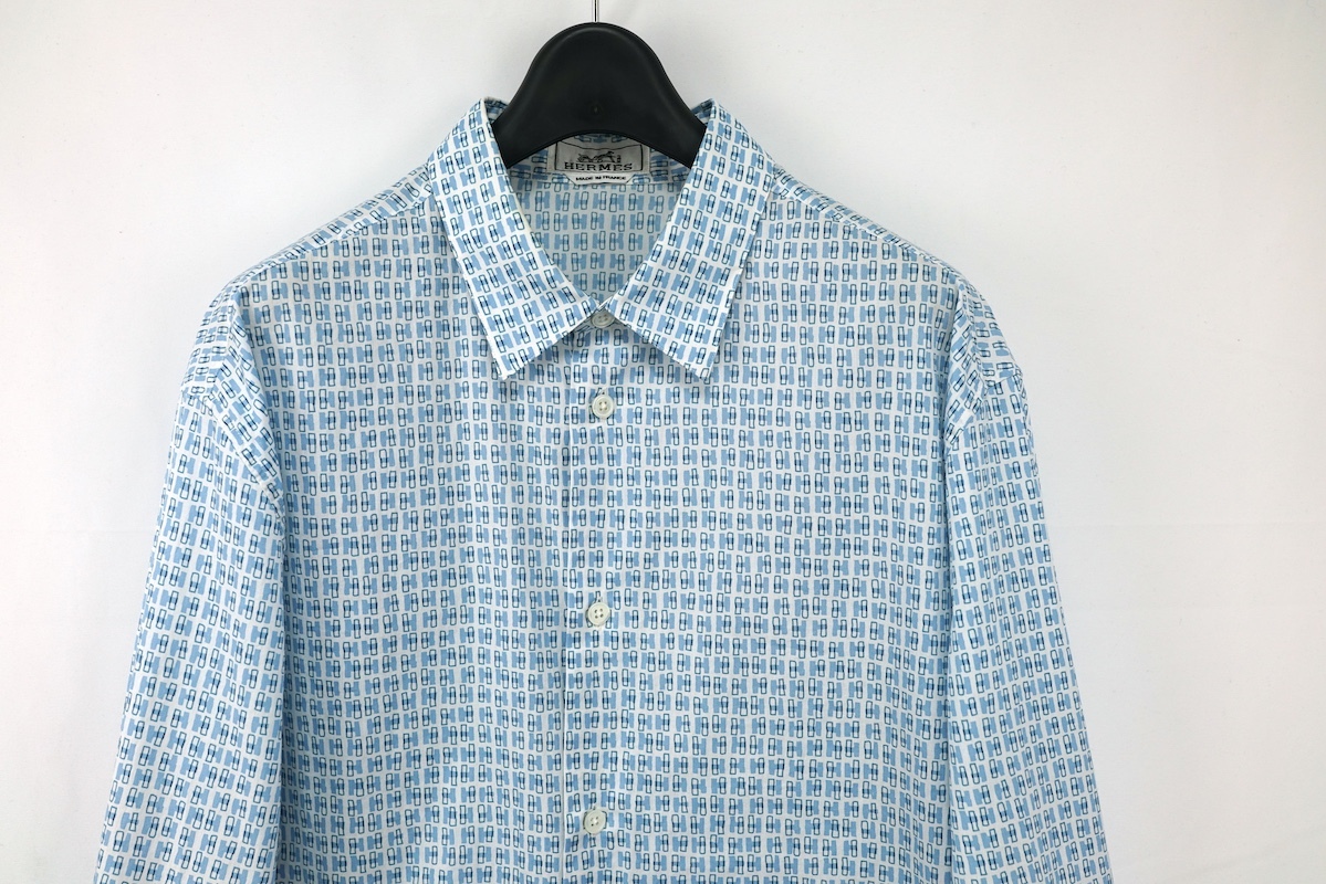 HERMES エルメス 総柄シャツ ブルー ホワイト H柄 袖セリエボタン コットン 長袖シャツ 41/16サイズ