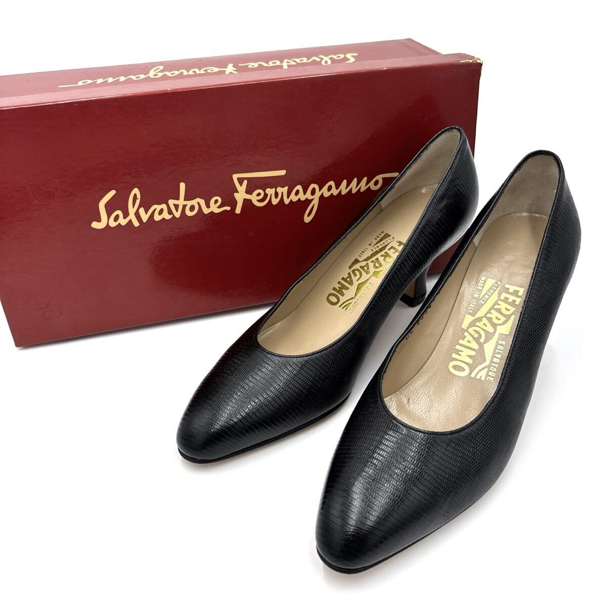 ＊ 美品 箱付き 伊制 '高級婦人靴' Salvatore Ferragamo サルヴァトーレフェラガモ 本革 クロコ&リザード型押し ヒール / パンプス 6C 23cm
