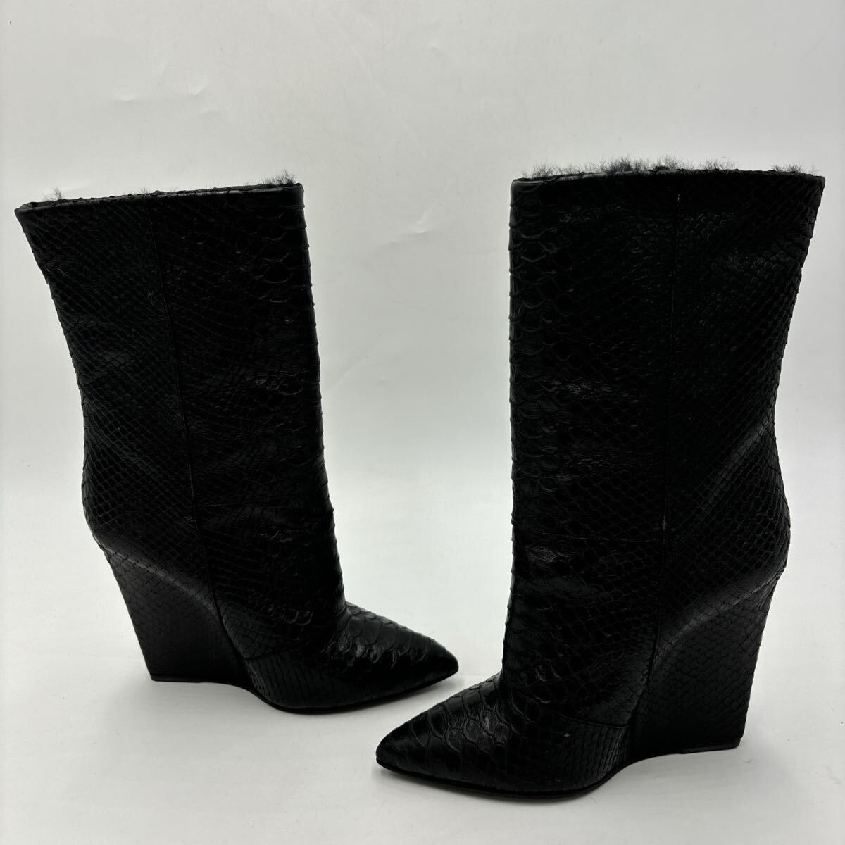 P * прекрасный товар сумка для хранения имеется Giuseppe Zanotti Giuseppe Zanotti натуральная кожа питон обратная сторона боа Wedge подошва / каблук ботинки EU37.5 23.5~24cm