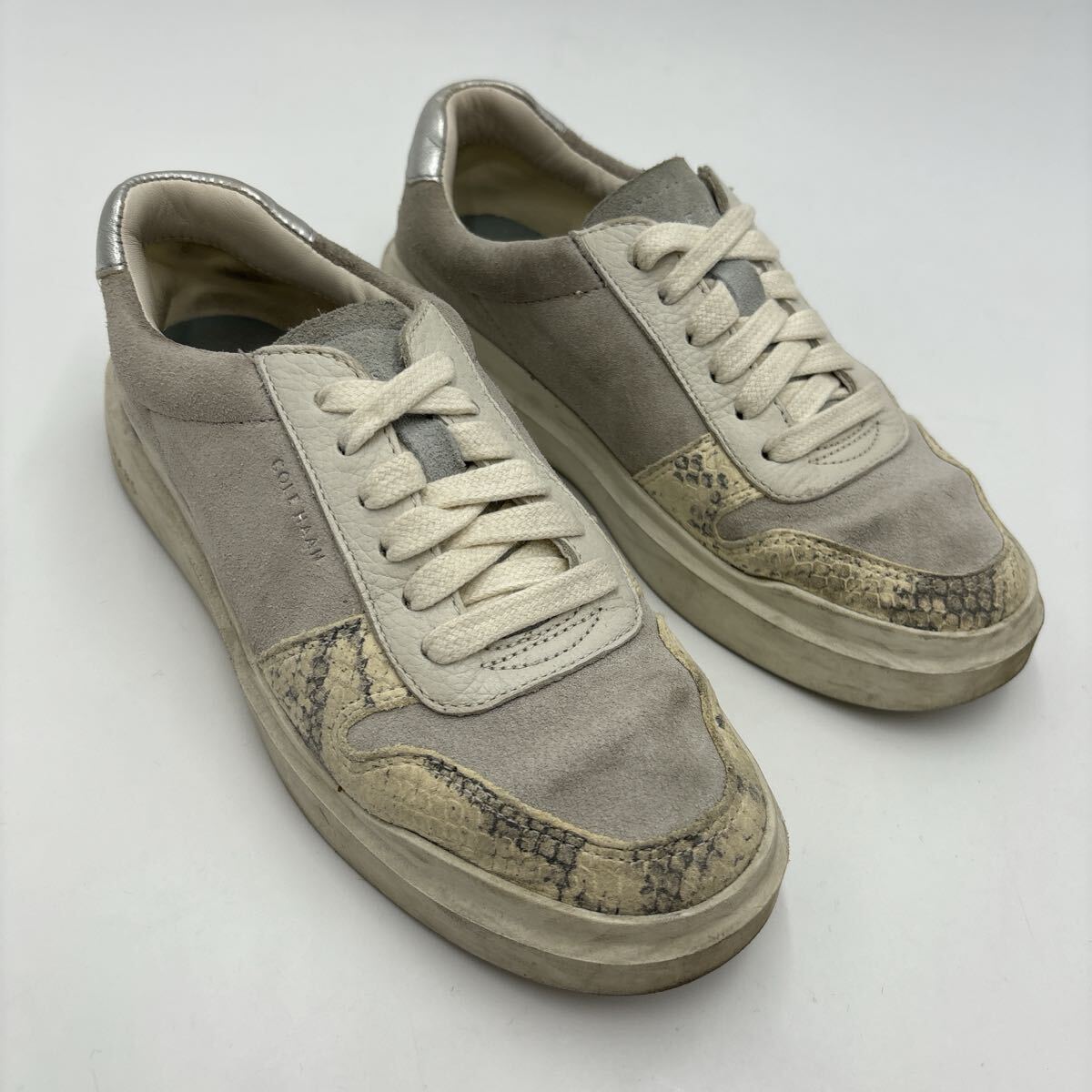 H ＊ '高級(jí)感溢れる' COLE HAAN コールハーン 本革 パイソン型押し スエードレザー LOW CUT スニーカー 5B 22cm レディース シューズ