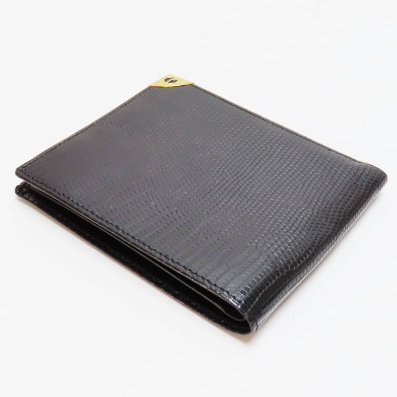 S01-k045 dunhill ダンヒル dロゴプレート リザード/レザ― 二つ折り財(cái)布 ブラック