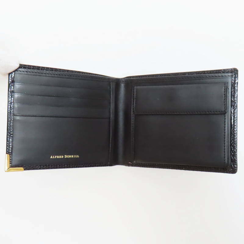 S01-k045 dunhill ダンヒル dロゴプレート リザード/レザ― 二つ折り財(cái)布 ブラック