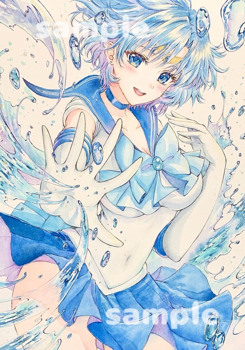 手描きイラスト セーラーマーキュリー 水野亜美 原画 A4 透明 手描きイラスト セーラーマーキュリー 水野亜美 原画 A4 透明