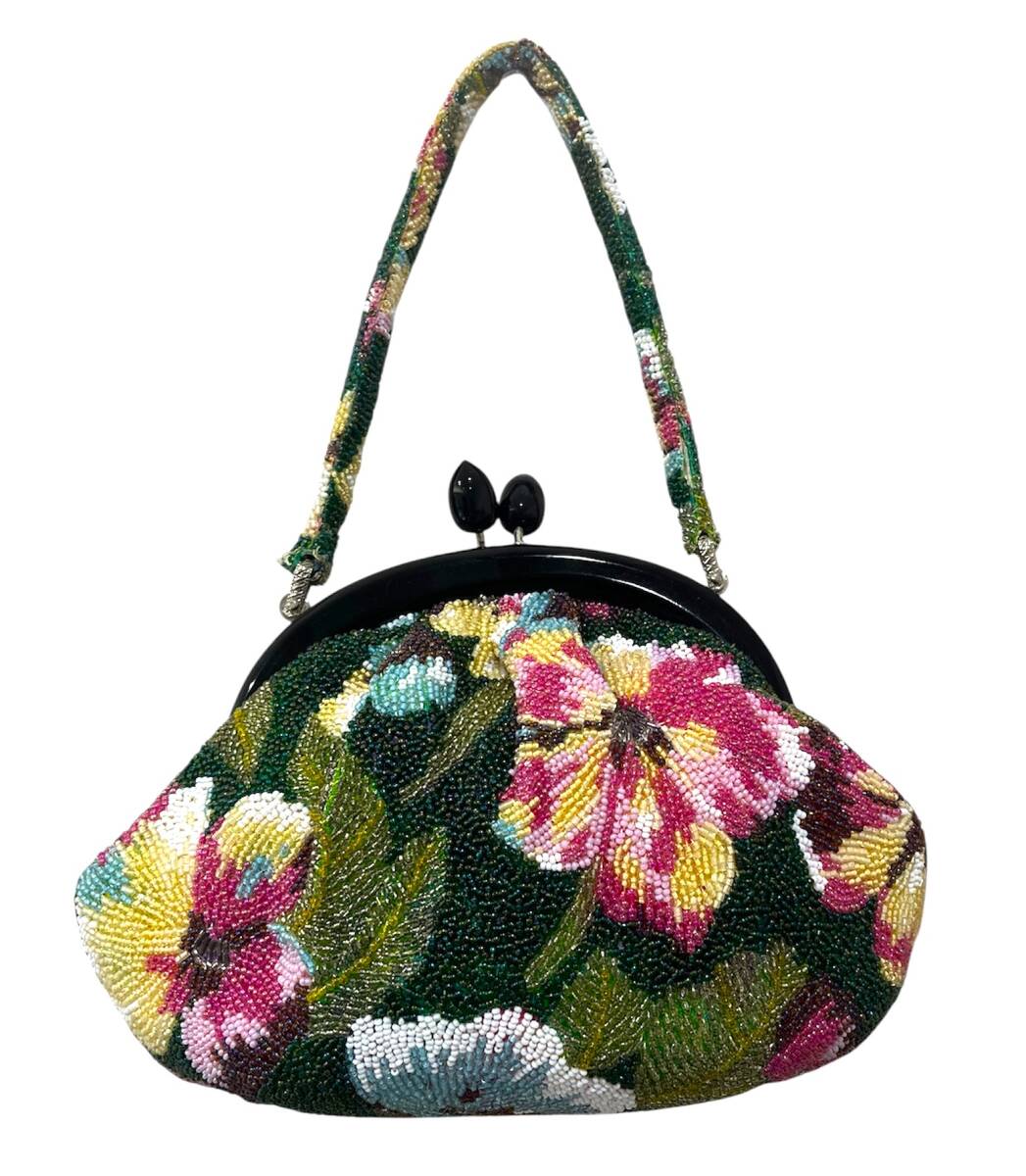 中古】美品 はしもと 和装バッグ ビーズバック レトロ花柄 中古】美品 はしもと 和装バッグ ビーズバック レトロ花柄