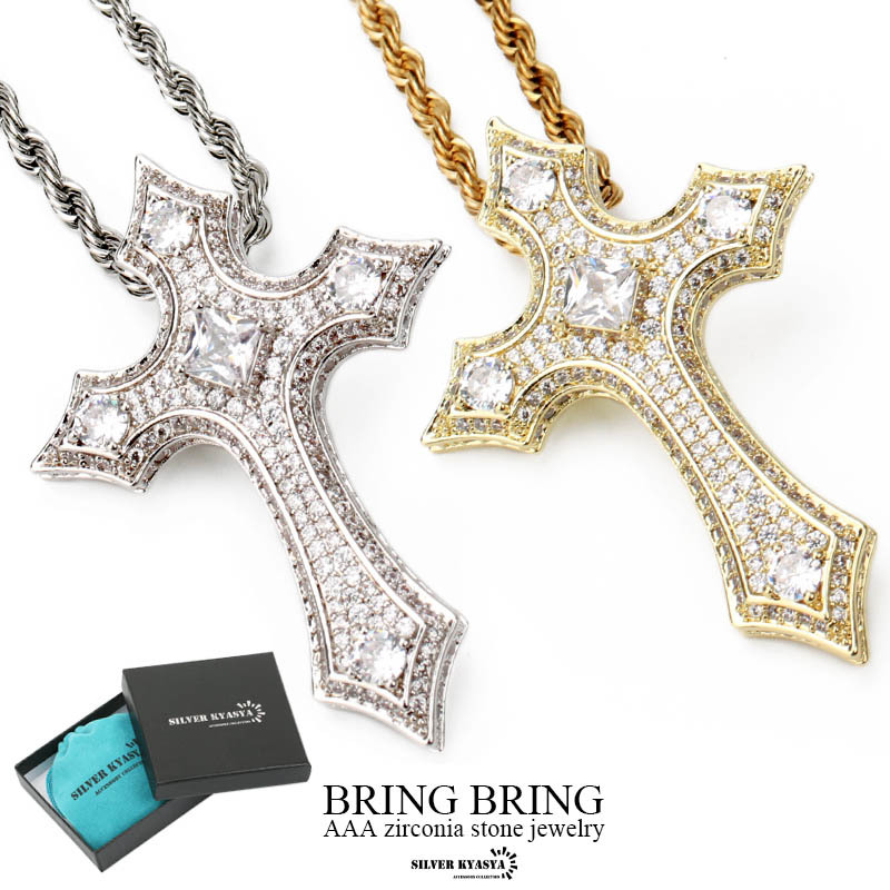 (シルバー、60cm) クロスネックレス 十字架 CZ ロープチェーン パヴェ 18K GP ゴールド シルバー BOX付属