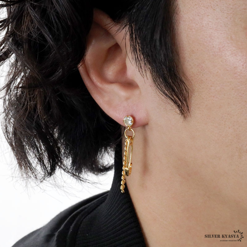 (シルバー) シルバー925 安全ピンピアス チェーンピアス ピアス ドロップピアス ゴールド 18K GP 片耳用 1點(diǎn)