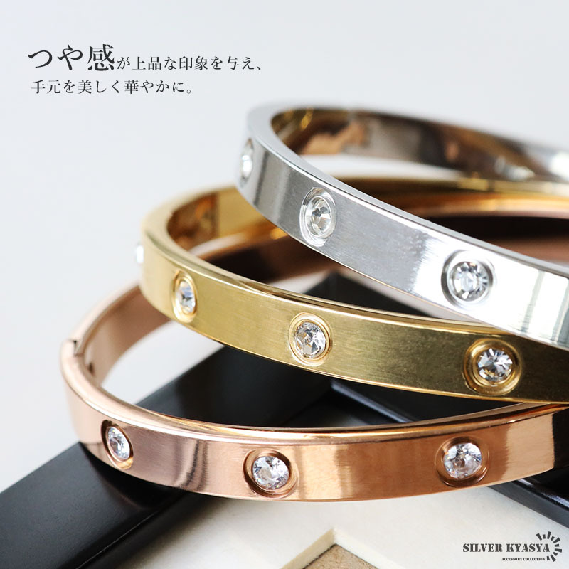 (ローズゴールド) ステンレス メタルバングル ストーンバングル ピンク 腕輪 キラキラ レディース 女性 金アレ対応_画像3