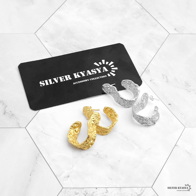 (シルバー) シルバー925ピアス 槌目 フープ 18K GP ゴールド 両耳用 2點(diǎn)セット イヤリング スタッドピアス
