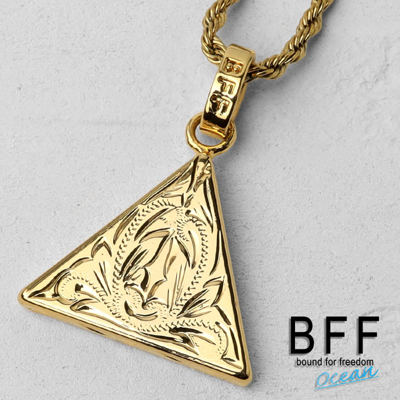(60cmチェーン) BFF ブランド トライアングルネックレス ゴールド 18K GP 金色 プルメリア 手彫り 専用BOX付属