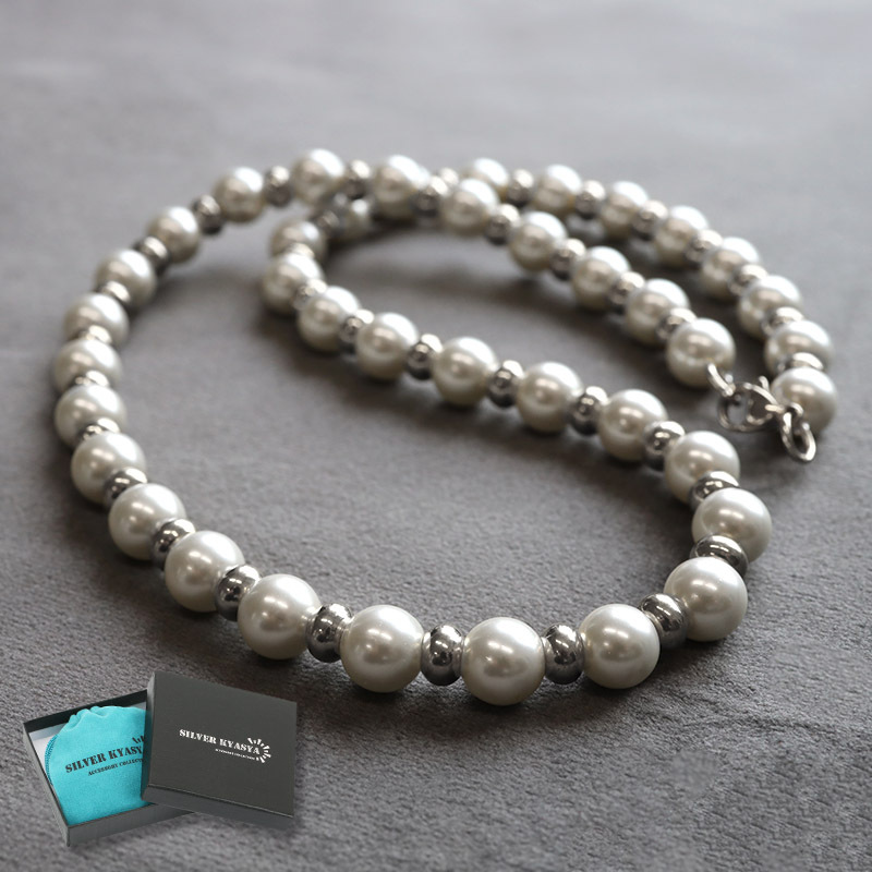 (50cm) 18Kメッキ ハンドメイド pearl necklace 銀色 ステンレス 専用BOX付属