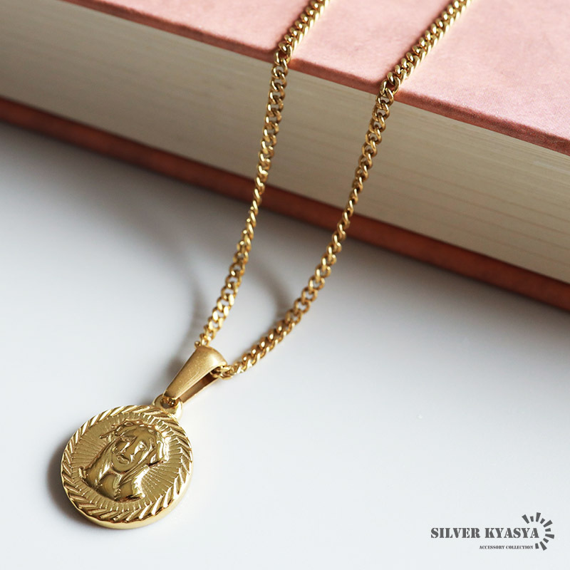 (50cm) コインネックレス 喜平チェーン アンティーク キリスト ネックレス ゴールド 18K ステンレス 金属アレルギー対応