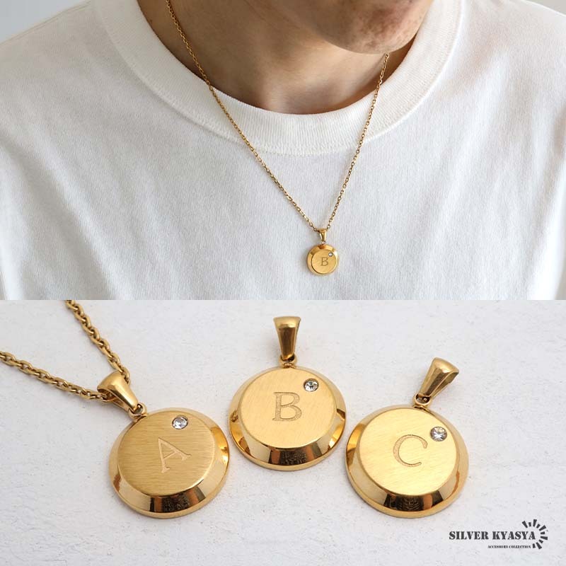 (X、45cm) イニシャルネックレス ゴールド 艶消し ラウンド ステンレス 18KGP あずきチェーン 金属アレルギー対応